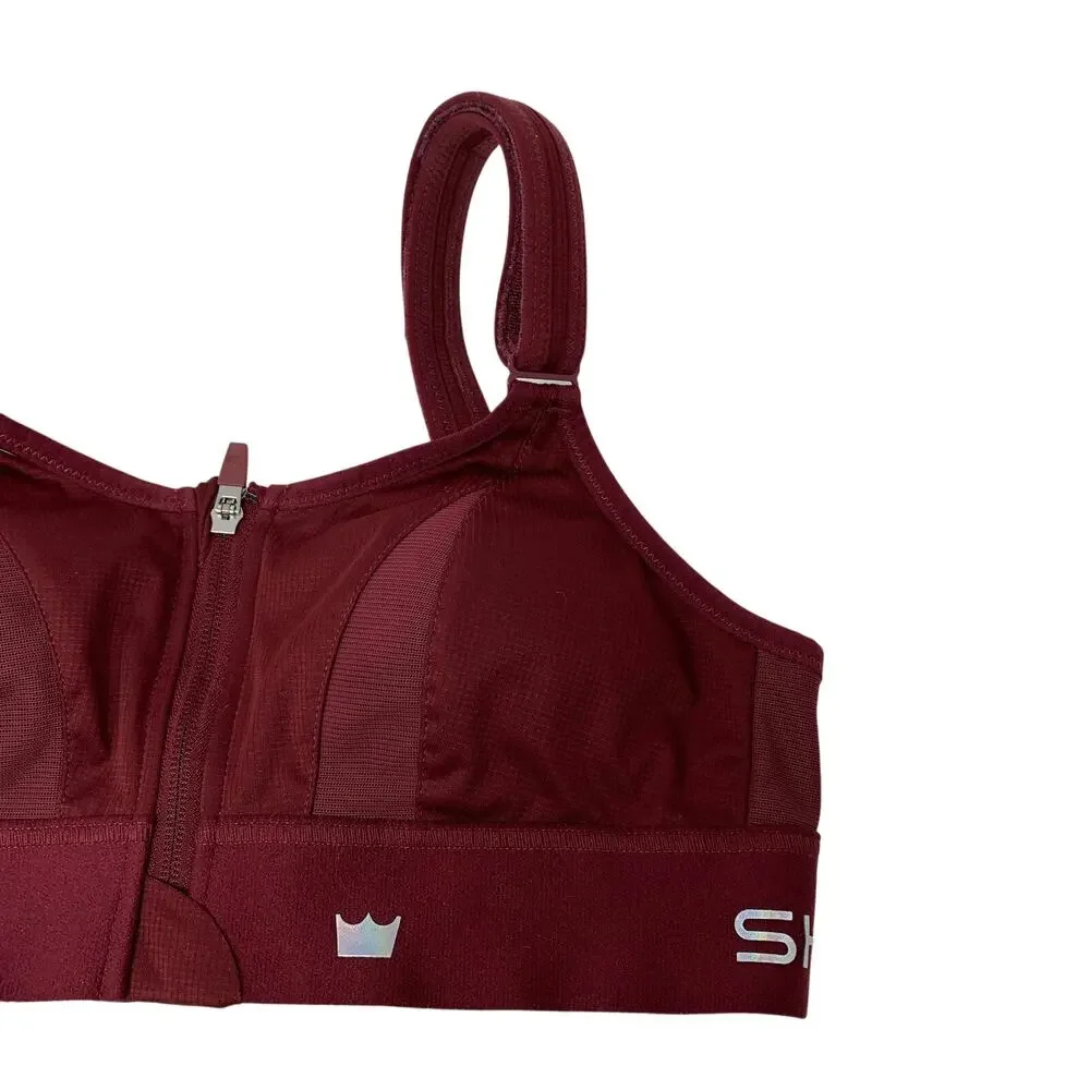 Shefit Ultimate Sports Bra Small Burgundy Zip Front High Impact Adjustable